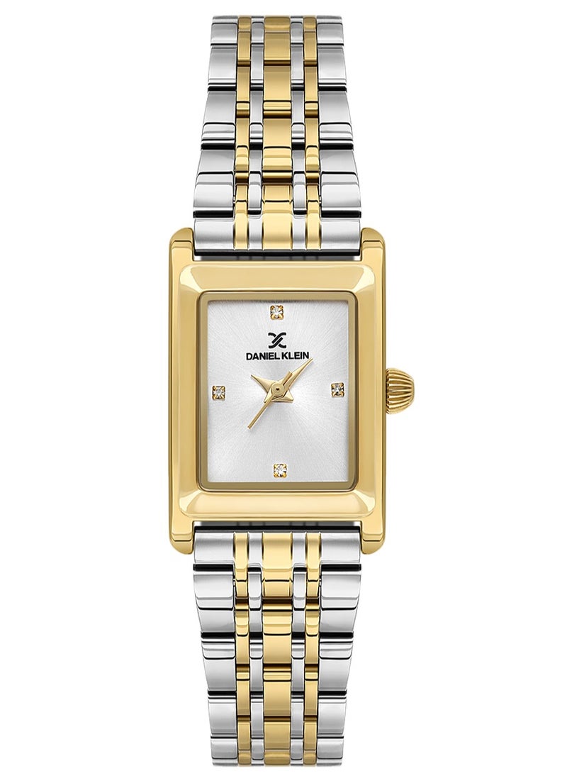 دانيل كلاين ساعة نسائية ستانلس ستيل | هيكل من سبيكة ذهبية | تناظري | قرص مربع فضي بنمط شعاعي | حركة كوارتز يابانية | فاخرة | مقاومة للماء حتى عمق 30 مترًا - Image 1